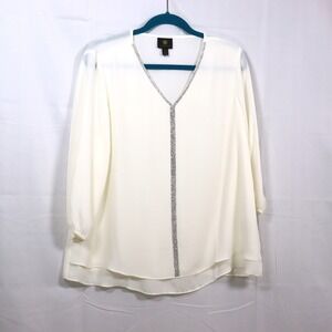 JM Collection Blouse PXL White‎ Womens Rhinestone V-Neck Chiffon Top